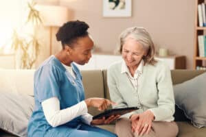 skilled nurse talking to patient about care plan